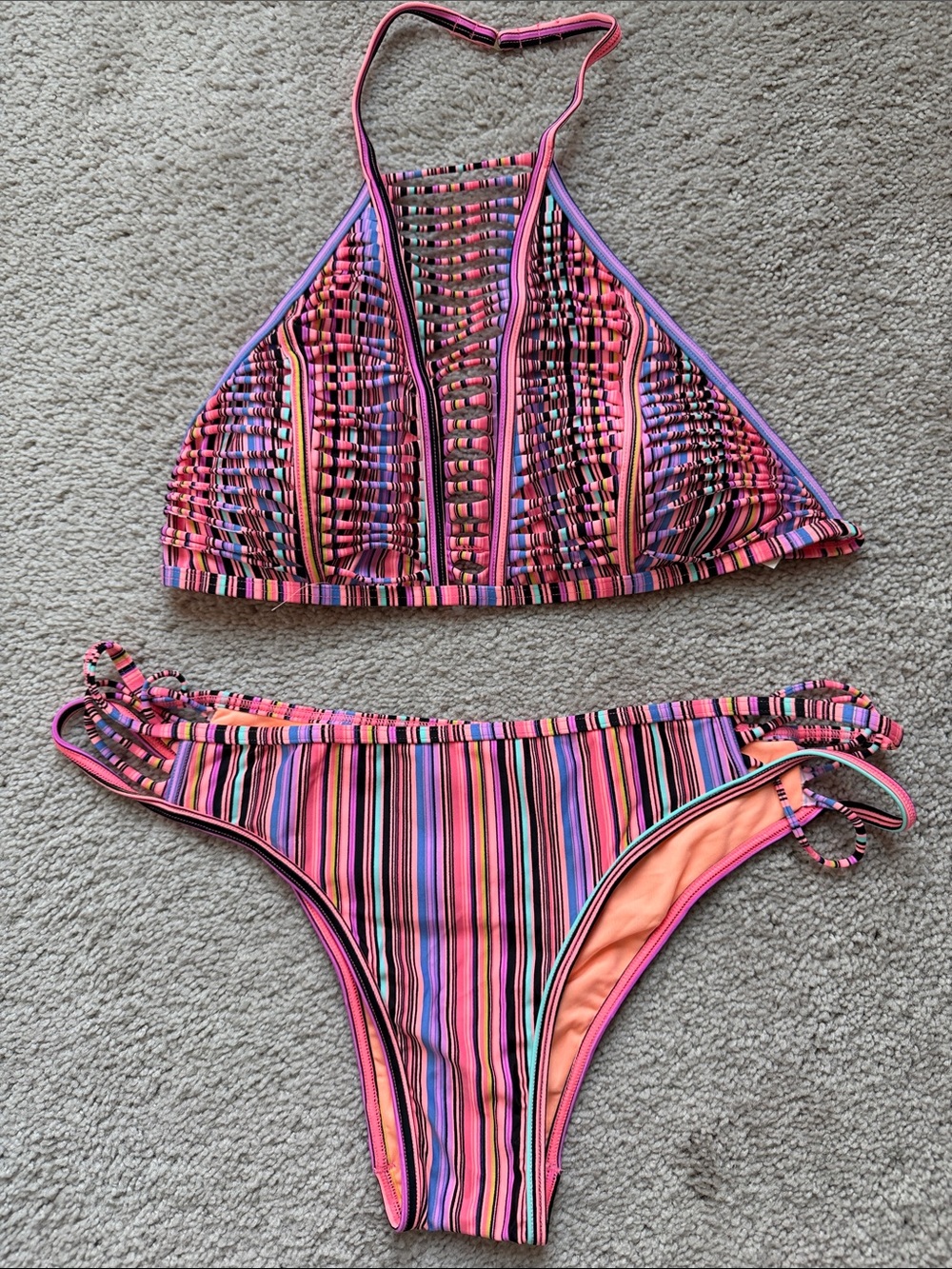 Victoria's Secret Pink, Purple, Orange Striped Crochet Bikini